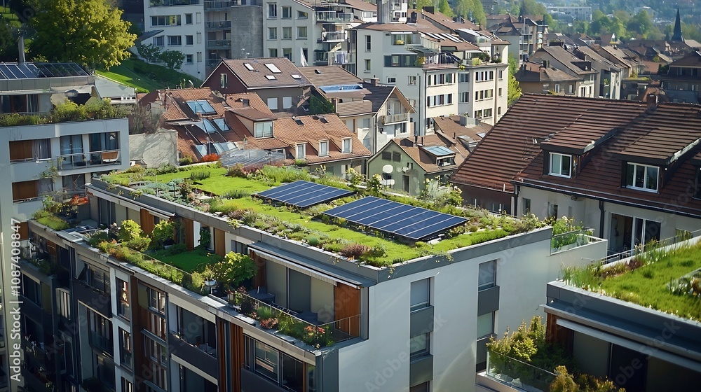 Fototapeta premium Aerial view of a residential area with various green infrastructure features including rooftop gardens and geothermal heating units showcasing a sustainable and eco friendly urban living environment