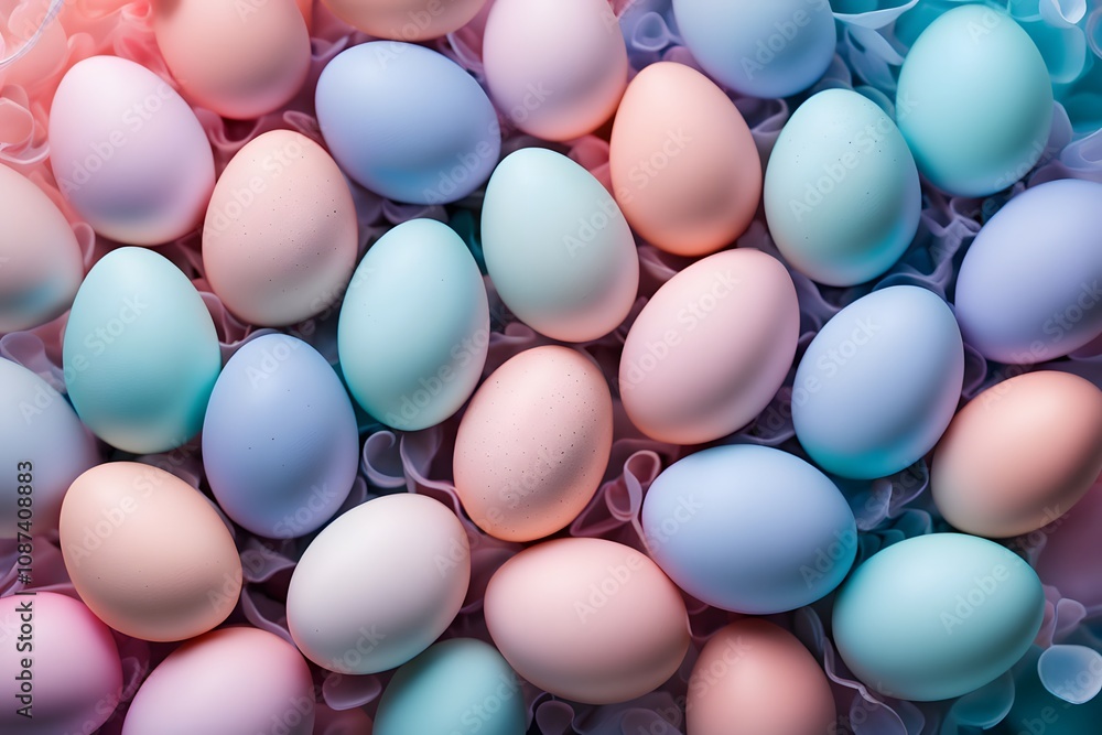 A collection of pastel colored eggs arranged in a spiral pattern set against a glowing bokeh background, AI Generated A collection of pastel colored eggs arranged in a spiral pattern set against a glowing bokeh background, AI Generated