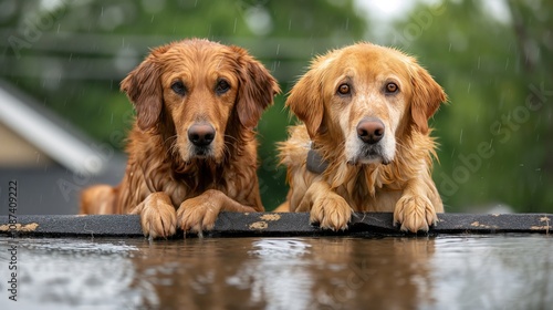Drenched dogs seeking refuge on flooded roof during rainstorm - shelter and survival in extreme weather