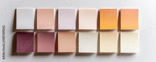 A series of twelve color swatches in soft pastels, featuring shades of pink, peach, orange, and cream, arranged in two rows on a neutral background.