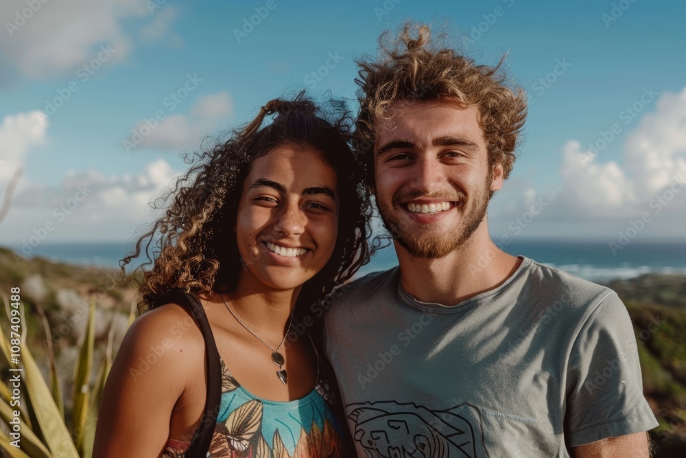 Obraz premium Portrait of a merry mixed race couple in their 20s sporting a technical climbing shirt isolated on backdrop of an idyllic countryside