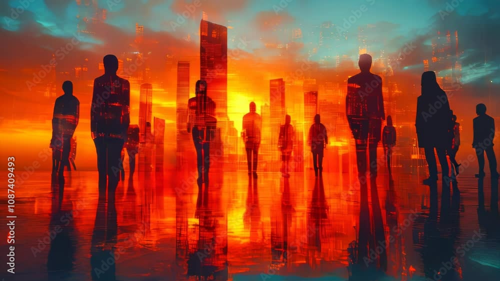 Silhouettes of business people walking in a mirrored, futuristic cityscape at sunrise, symbolizing cooperation, strategy, and progress in a modern world Silhouettes of business people walking in a mirrored, futuristic cityscape at sunrise, symbolizing cooperation, strategy, and progress in a modern world