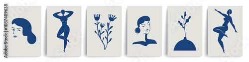 Matisse woman body. Contemporary posters. Abstract modern art with blue minimalist shapes. Flowers in vase. Plant leaves. Female poses silhouette. Naked figures. Vector creative cards set