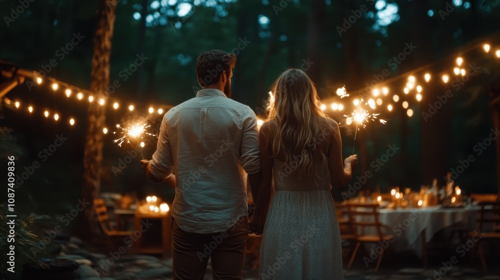 A couple stands embracing in a warmly lit outdoor scene, holding sparklers, amidst a romantic atmosphere with bokeh lights and trees in the background. A couple stands embracing in a warmly lit outdoor scene, holding sparklers, amidst a romantic atmosphere with bokeh lights and trees in the background.