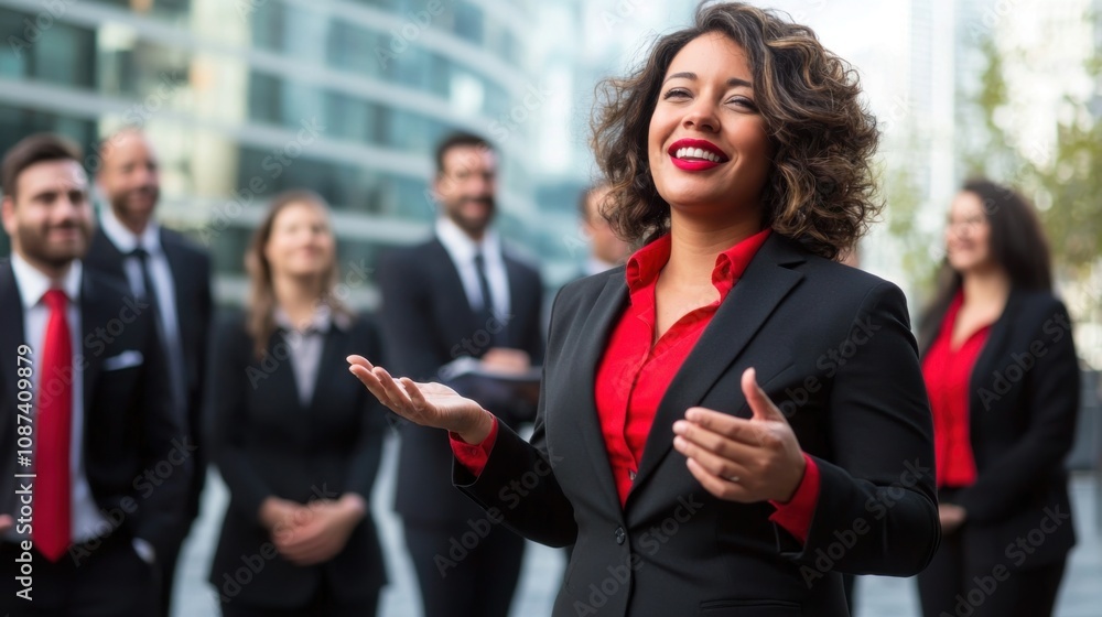 Motivating Female Leader Inspiring Her Team Outdoors Motivating Female Leader Inspiring Her Team Outdoors