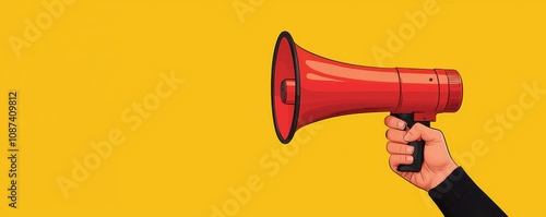 A vibrant illustration of a hand holding a red megaphone against a bright yellow background, symbolizing communication and urgency.