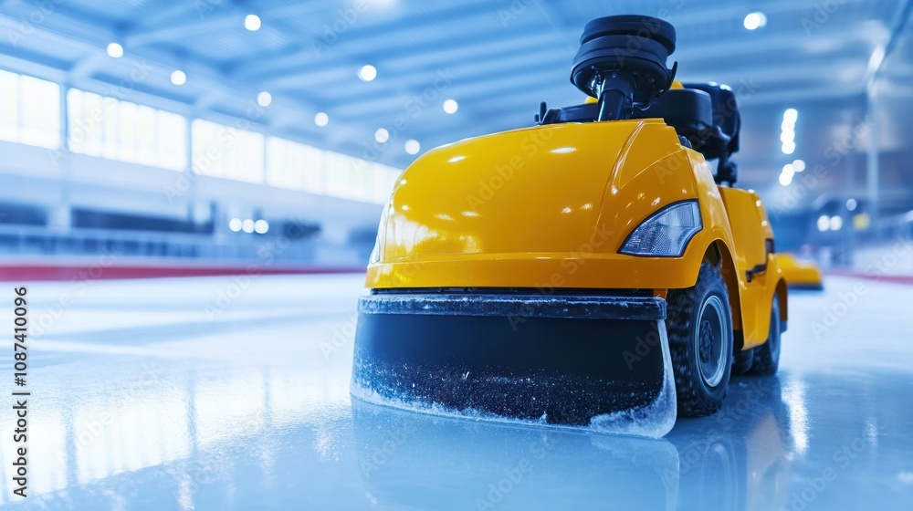 Fototapeta premium Yellow Ice Resurfacing Machine On Rink Surface
