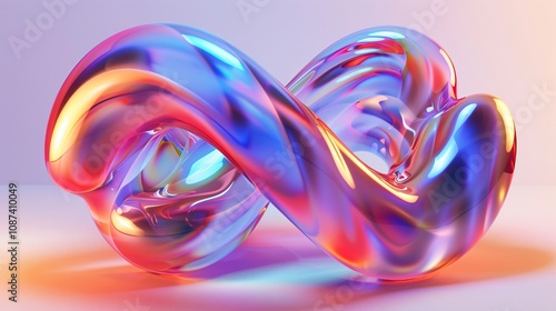 Abstract iridescent infinity symbol, swirling liquid glass sculpture