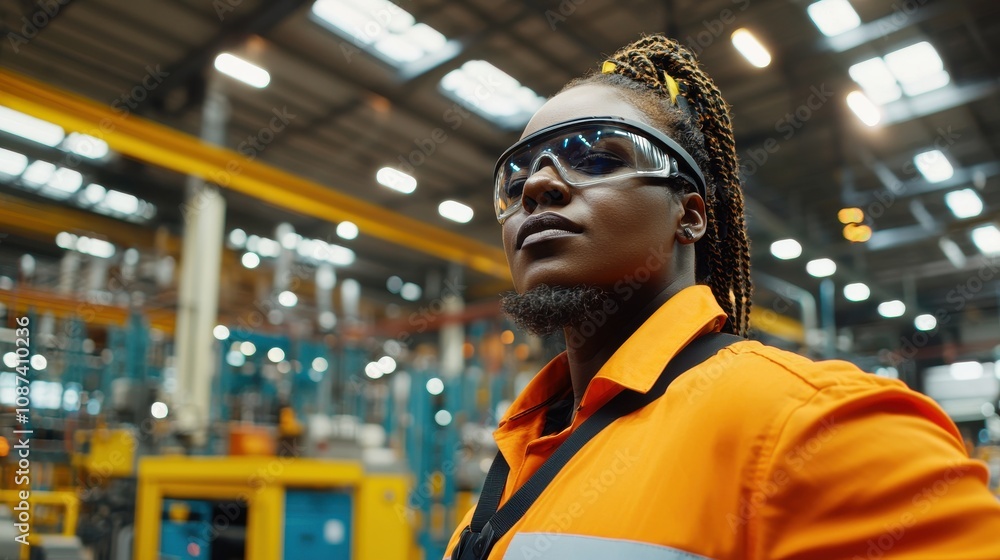 Confident Woman in Safety Gear Overseeing Factory Operations Confident Woman in Safety Gear Overseeing Factory Operations