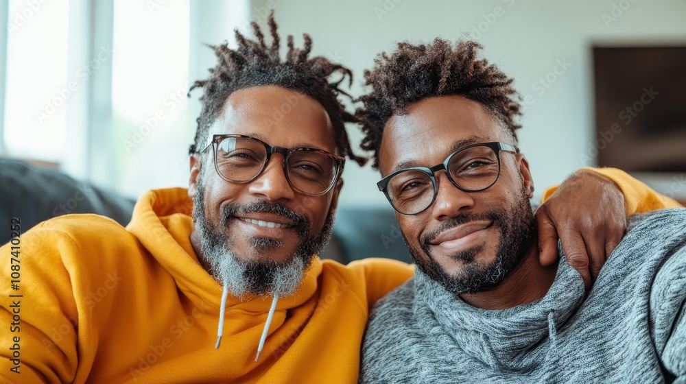 A father and son duo with glasses and graying beards embrace warmly on a couch, portraying love, family, and companionable affection in a home setting. A father and son duo with glasses and graying beards embrace warmly on a couch, portraying love, family, and companionable affection in a home setting.
