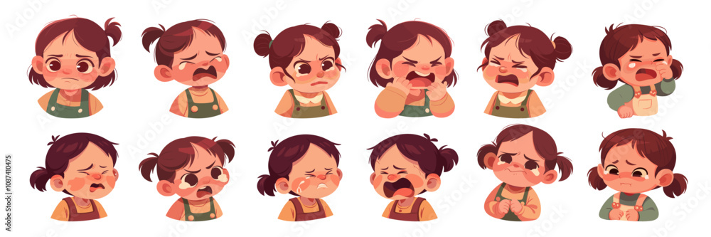 girl crying cartoon set. little lady brunette with ponytails in tears, children face portrait emotions upset cry sadness sorrow yellow green brown clothes vector illustration