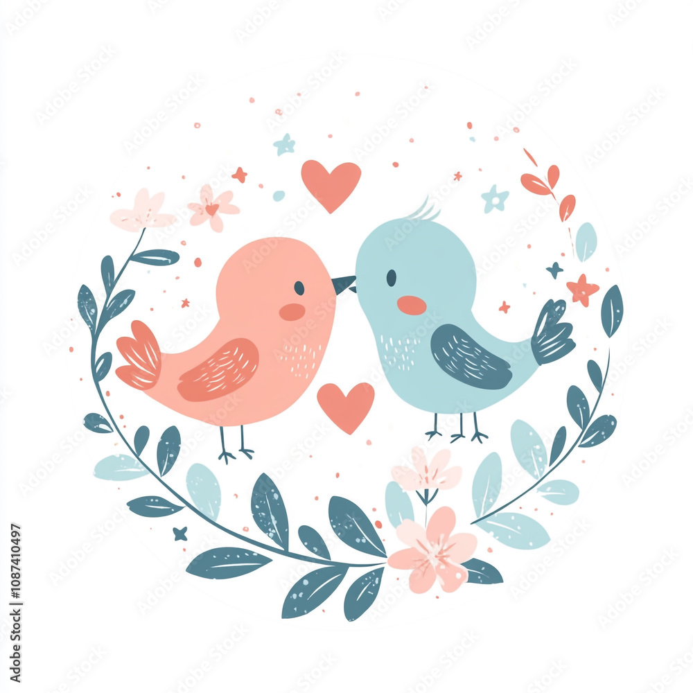 Two birds are kissing each other on a flower. The birds are surrounded by flowers and leaves.
Two birds are kissing each other on a flower. The birds are surrounded by flowers and leaves.