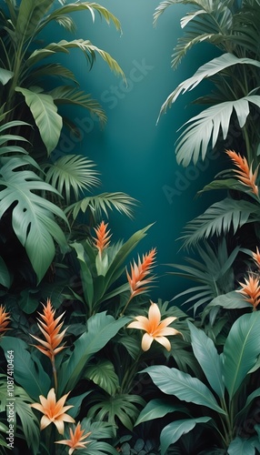 Tropical exotic pattern with animal and flowers in bright colors and lush vegetation