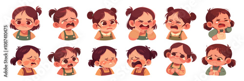 girl crying cartoon set. little lady brunette with ponytails in tears, children face portrait emotions upset cry sadness sorrow yellow green brown clothes vector illustration