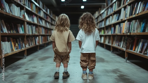 Two children with their backs to the camera walking down an aisle between tall bookshelves in a library, representing adventure and the pursuit of knowledge. photo