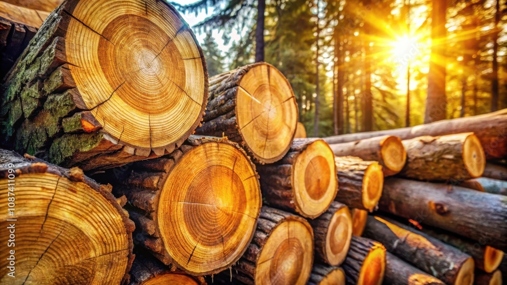 Sunlight Dappling Through Stacked Tree Trunks, Revealing the Intricate Patterns of the Wood's Growth Rings Sunlight Dappling Through Stacked Tree Trunks, Revealing the Intricate Patterns of the Wood's Growth Rings