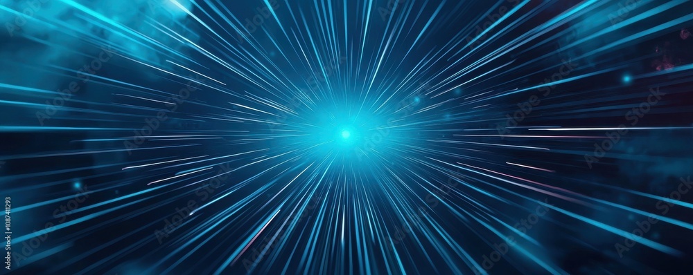 Fototapeta premium A dynamic scene depicting blue light rays emanating from a central point, creating a sense of movement and depth through a starry background.