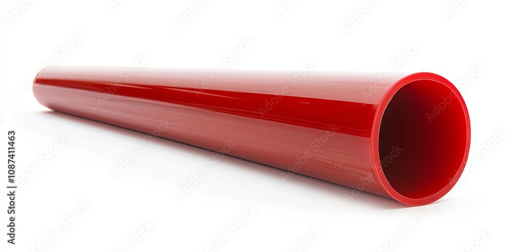 Red Plastic Tube on White Background: Cylindrical Shape, Smooth Surface