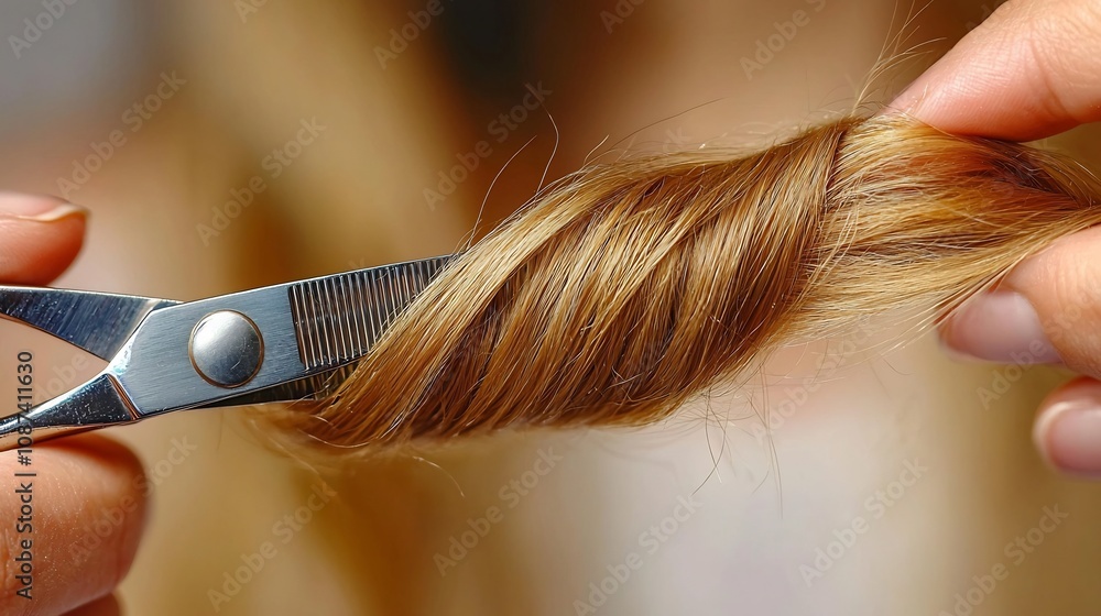 Naklejka premium Close up of a skilled hairstylist s hands meticulously trimming and shaping a woman s hair using precision scissors showcasing the professional care and attention to detail in the beauty industry