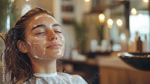 Close up of a woman with foils in her hair receiving a color treatment in a stylish and modern salon surrounded by luxurious decor and warm ambient lighting enjoying a pampering self care session photo