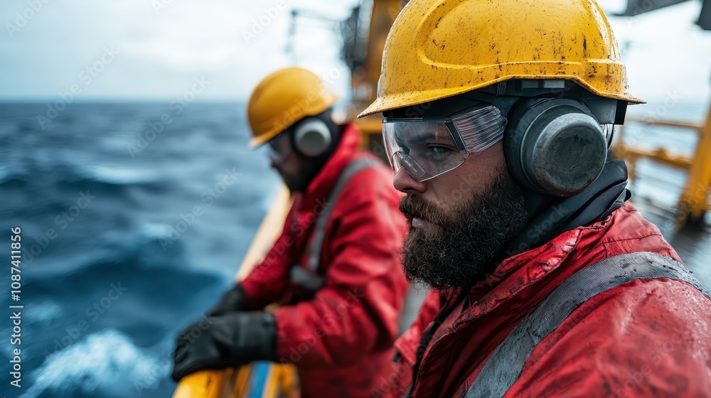 Two workers in red industrial clothing and yellow helmets focusing on tasks on an offshore platform, displaying diligence and commitment in harsh conditions. Two workers in red industrial clothing and yellow helmets focusing on tasks on an offshore platform, displaying diligence and commitment in harsh conditions.