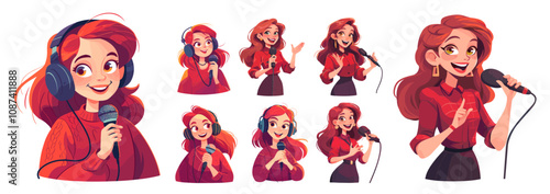 girl speaks into microphone. redhead woman in red host cartoon set, journalist reporter voiceover dubbing television radio character vector illustration