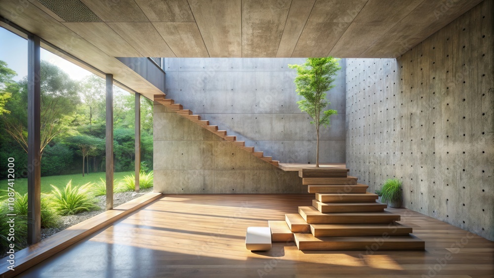 Obraz premium Modern Interior Design with Concrete Walls, Wooden Stairs, and a Lush Green View Through Large Windows
