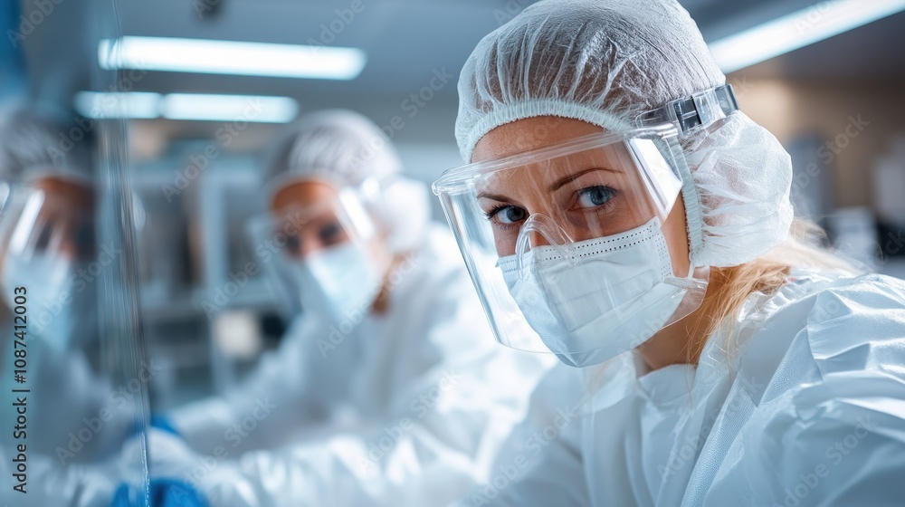 A focused female scientist in protective gear and a mask works diligently in a sterile laboratory environment, observing chemical reactions through safety glass. A focused female scientist in protective gear and a mask works diligently in a sterile laboratory environment, observing chemical reactions through safety glass.