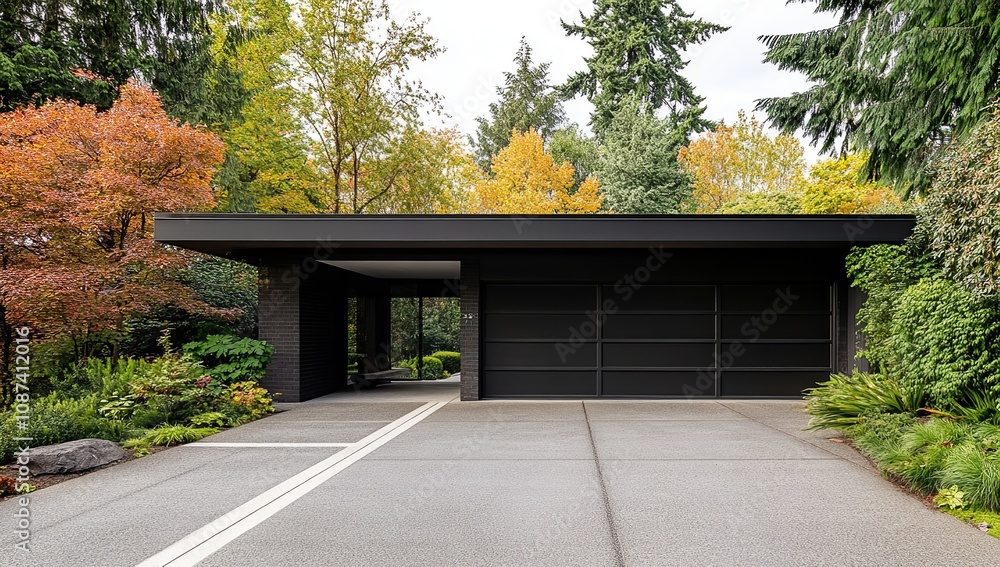 Fototapeta premium Modern Black Garage in Autumnal Setting
