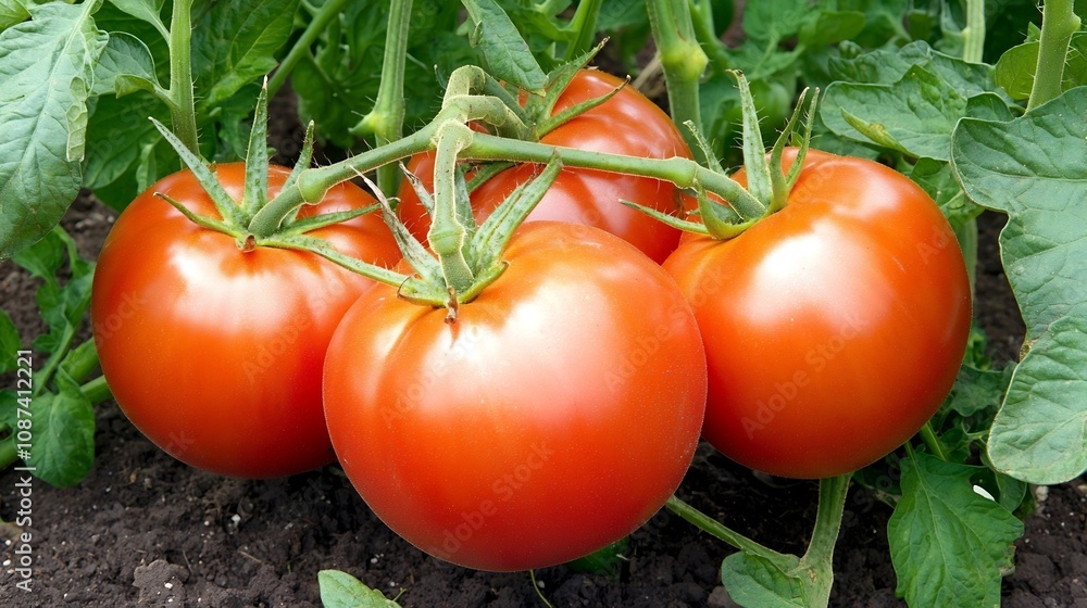 Close up shot showcasing ripe juicy tomatoes growing on the vine in a small scale organic farm setting The image highlights the natural fresh and sustainable nature of homegrown produce Close up shot showcasing ripe juicy tomatoes growing on the vine in a small scale organic farm setting The image highlights the natural fresh and sustainable nature of homegrown produce