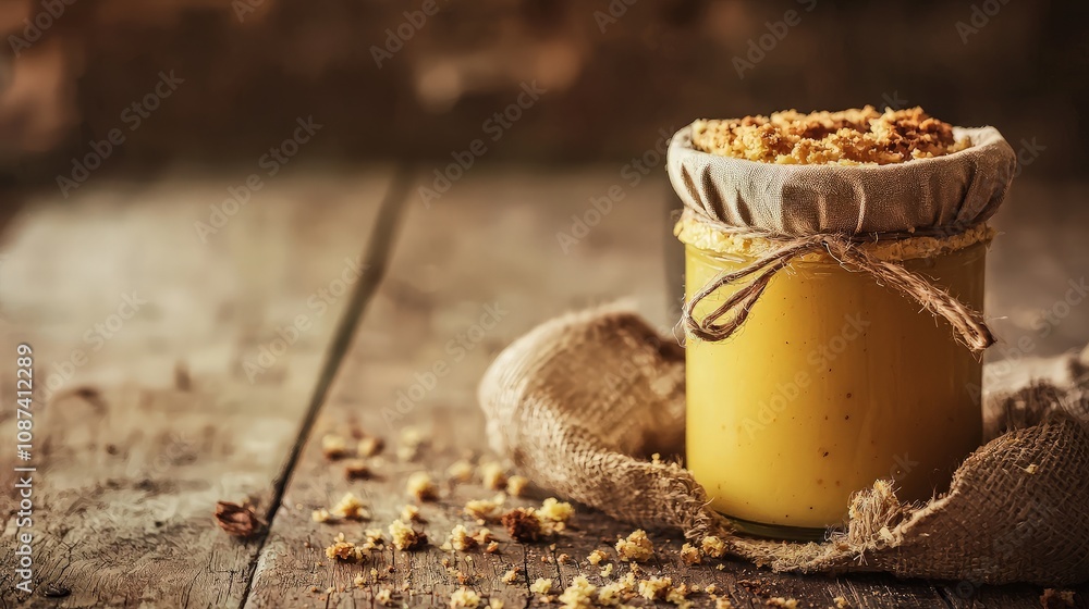 Homemade lemon curd in a glass jar on rustic wood. Homemade lemon curd in a glass jar on rustic wood.