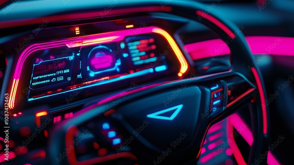 Close up view of a futuristic high tech interface design featuring holographic elements vibrant neon lighting and sleek digital controls The abstract Close up view of a futuristic high tech interface design featuring holographic elements vibrant neon lighting and sleek digital controls The abstract