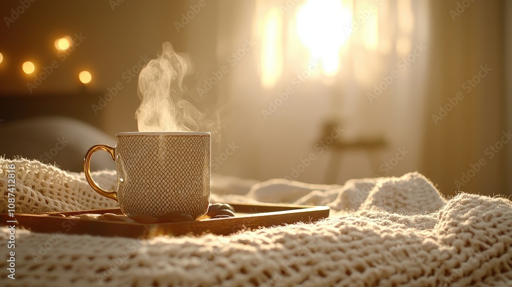 A cozy setting featuring a steaming cup of coffee on a wooden tray, resting on a knitted blanket, illuminated by warm sunlight. A cozy setting featuring a steaming cup of coffee on a wooden tray, resting on a knitted blanket, illuminated by warm sunlight.