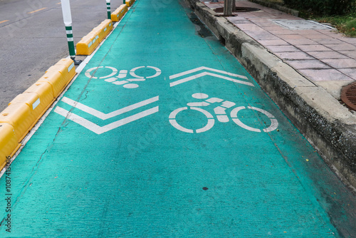 Green way for the bicycles.  Bike line. The bicycle lane. photo