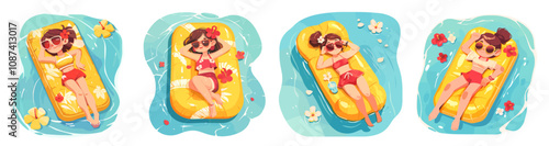 girl swims cartoon. woman in glasses sunbathing on yellow inflatable water mattress, pool flower red swimsuit vacation sun sea tropical warm summer holiday vector illustration