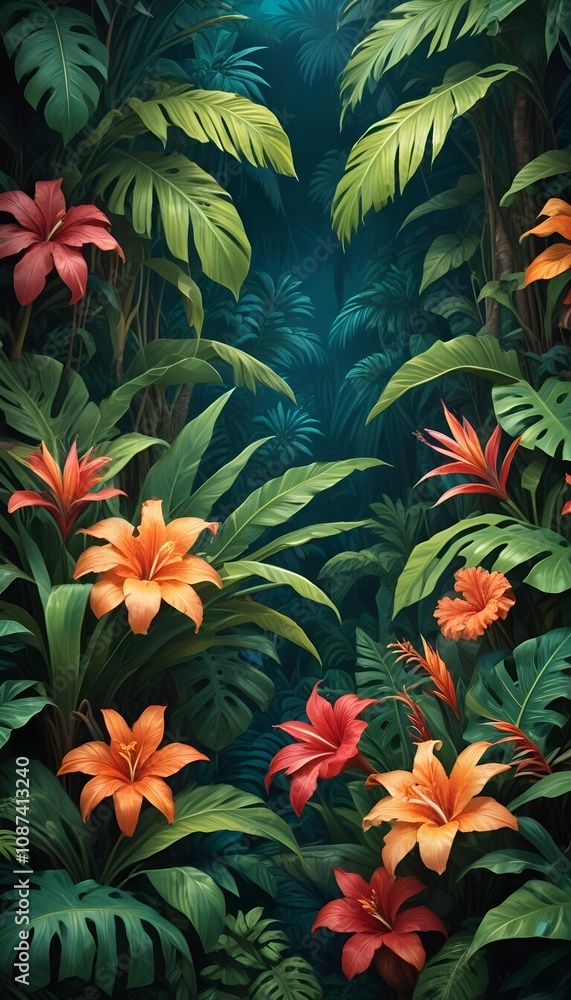Tropical exotic pattern with animal and flowers in bright colors and lush vegetation Tropical exotic pattern with animal and flowers in bright colors and lush vegetation