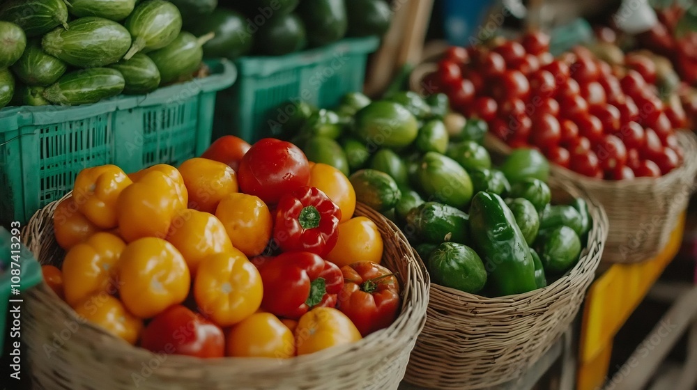 Close up view of an assortment of fresh organic vegetables harvested from a local farm and arranged in wicker baskets and crates Close up view of an assortment of fresh organic vegetables harvested from a local farm and arranged in wicker baskets and crates
