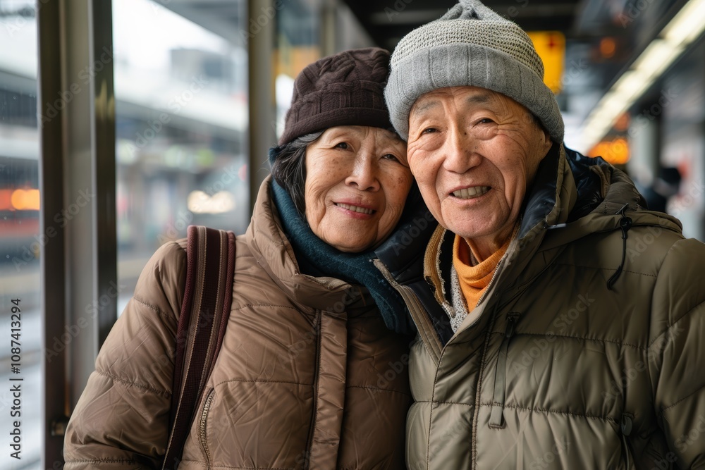 Portrait of a blissful multiethnic couple in their 60s donning a durable down jacket on modern city train station Portrait of a blissful multiethnic couple in their 60s donning a durable down jacket on modern city train station