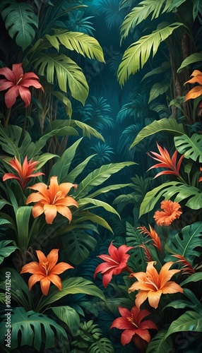 Tropical exotic pattern with animal and flowers in bright colors and lush vegetation