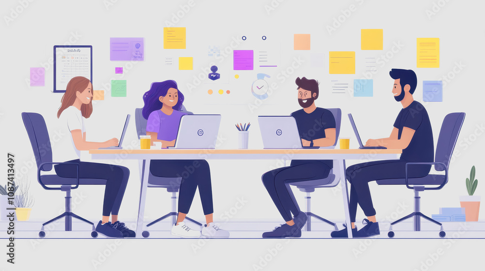 Modern Agile Software Development Team Collaborating in Office Setting with Laptops, Sticky Notes, and Plants for Effective Project Management Modern Agile Software Development Team Collaborating in Office Setting with Laptops, Sticky Notes, and Plants for Effective Project Management