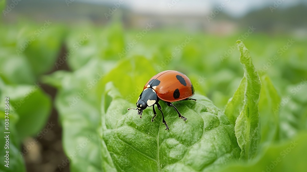Close up view of ladybugs and other beneficial insects resting on green crop leaves demonstrating natural and eco friendly pest control methods in agriculture and organic gardening Close up view of ladybugs and other beneficial insects resting on green crop leaves demonstrating natural and eco friendly pest control methods in agriculture and organic gardening