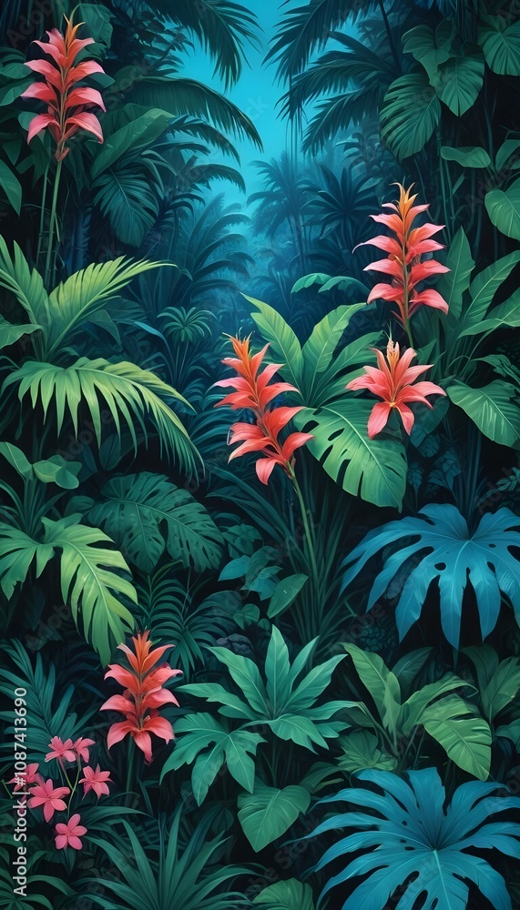 Tropical exotic pattern with animal and flowers in bright colors and lush vegetation Tropical exotic pattern with animal and flowers in bright colors and lush vegetation