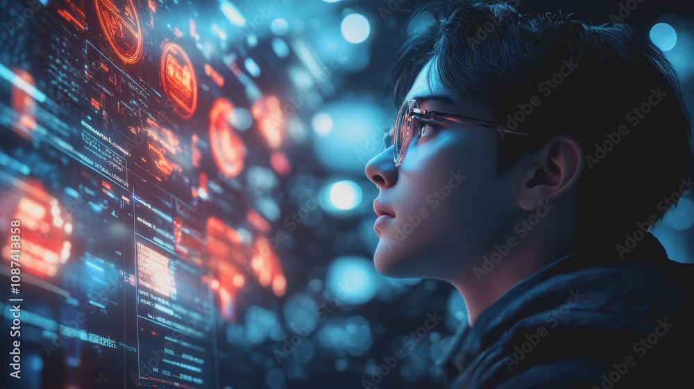 Focused Programmer Engaged in Brainstorming Ideas on a Large Touchscreen Interface in a Futuristic Environment Focused Programmer Engaged in Brainstorming Ideas on a Large Touchscreen Interface in a Futuristic Environment