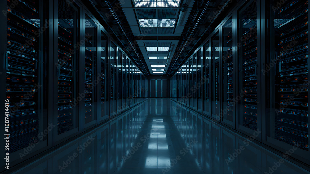 Fototapeta premium Modern Technology Center Server Racks Working in Dark Facility. Concept of Internet of Things, Big Data Protection, Storage.3d Illustration.