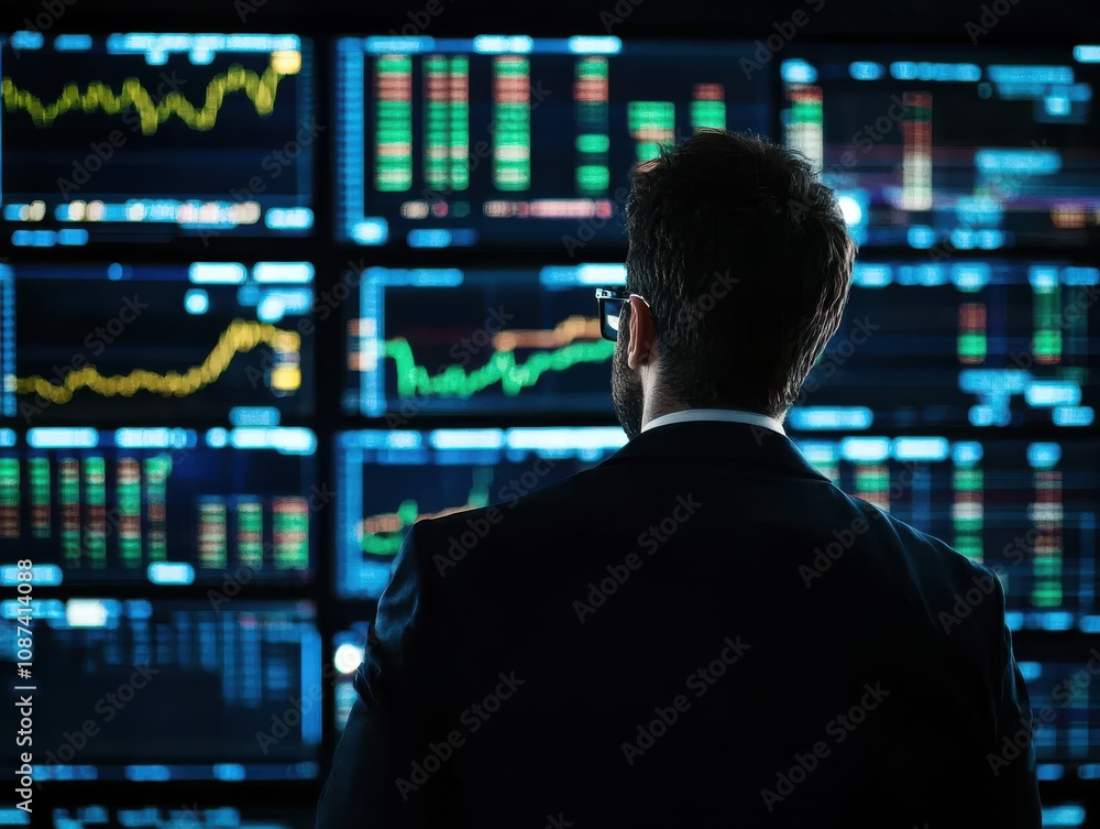Trading analysis concepts. Business professional analyzing stock market data on multiple screens in a dark environment. Trading analysis concepts. Business professional analyzing stock market data on multiple screens in a dark environment.
