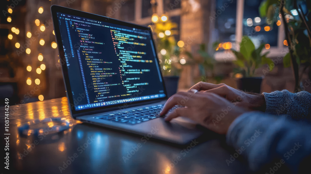 Focused Software Developer Engaged in Coding on Sleek Modern Laptop in Contemporary Workspace with Twinkling Lights Focused Software Developer Engaged in Coding on Sleek Modern Laptop in Contemporary Workspace with Twinkling Lights