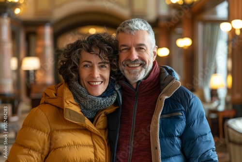 Portrait of a smiling couple in their 40s donning a durable down jacket while standing against luxurious hotel lobby