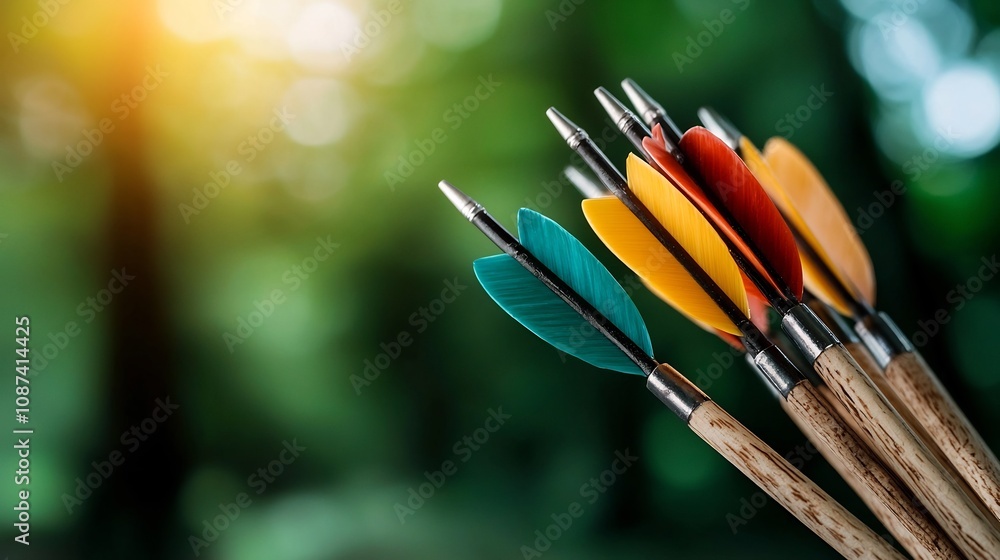 Colorful archery arrows visible in the quiver on an archer s back set against a blurred outdoor background with greenery capturing the and equipment aspect of the sport of archery Colorful archery arrows visible in the quiver on an archer s back set against a blurred outdoor background with greenery capturing the and equipment aspect of the sport of archery