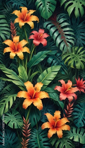 Tropical exotic pattern with animal and flowers in bright colors and lush vegetation