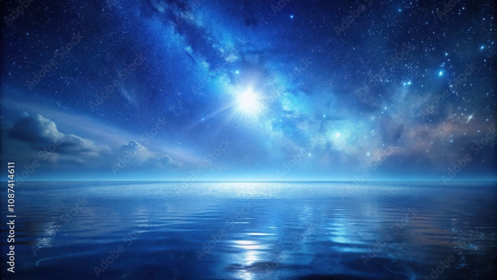 Fototapeta premium A celestial panorama showcasing the Milky Way and a vast expanse of calm blue water under a starry sky
